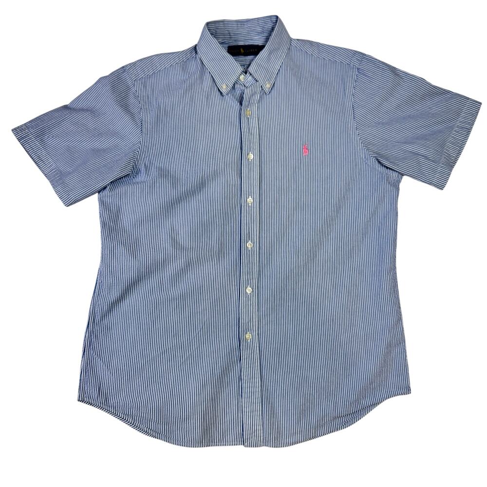Ralph Lauren Blaire Seersucker Button Down Shirt Men’s L Blue Striped Pink Pony